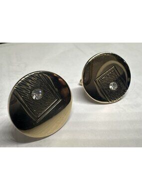 Black Lines Swank Round Rhinestones CUFFLINKS Vintage Goldtone
